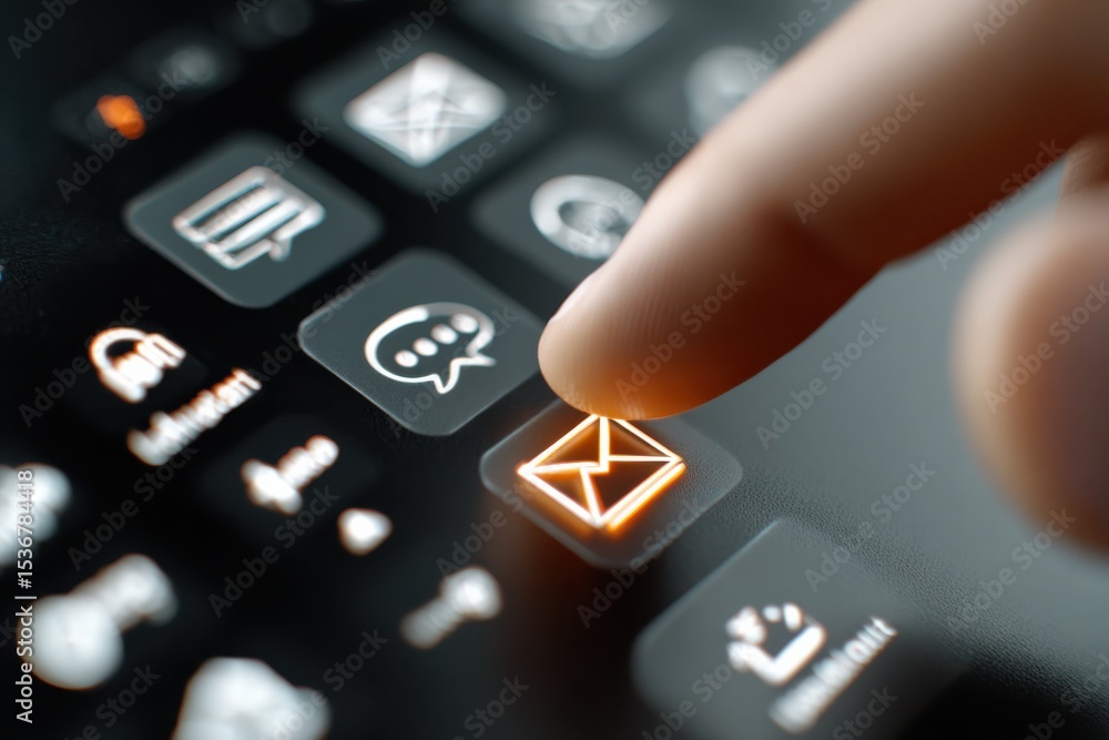 Poster finger tapping email icon on digital interface, representing communication and online marketing stra