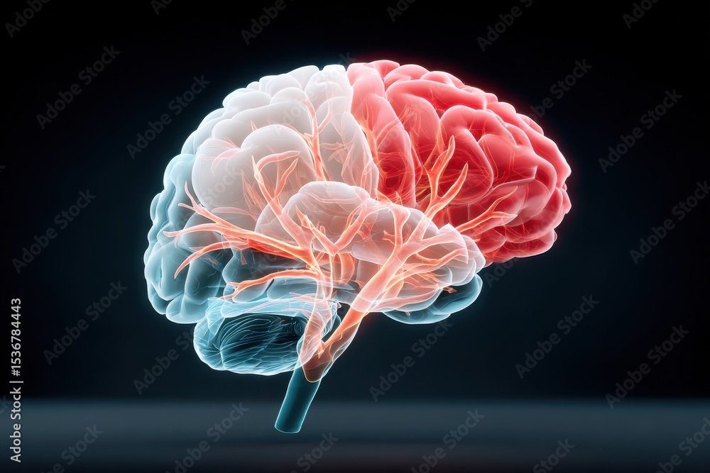 Poster human brain anatomy showing cerebral hemispheres, illustrating cognitive function and neurological r