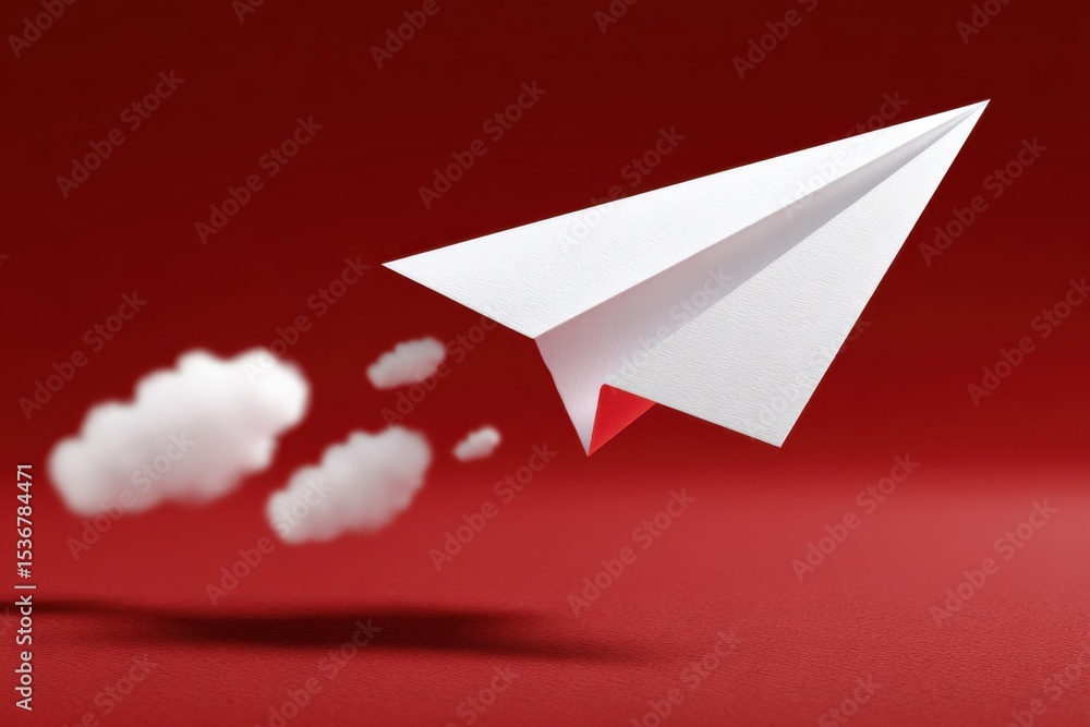 Poster paper airplane flying through clouds on red background, symbolizing innovation and business startup 