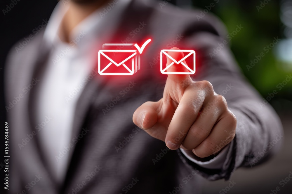 Aufkleber Man Tapping Email Icons With Checkmark, Symbolizing Digital Communication and Inbox Management for Business Solutions and Marketing Campaigns : Generative AI