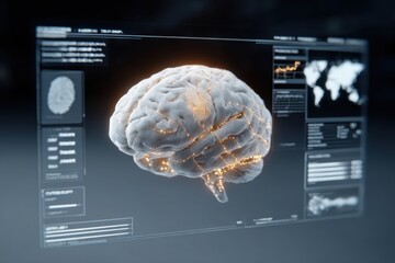 Glowing Brain With Fingerprint on Futuristic Screen, Illustrating Biometrics and Neuroscience Research in Healthcare Innovation and Technology : Generative AI