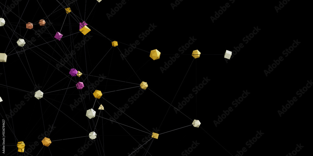 Poster 3D render of interconnected geometric shapes. Ideal for tech, network, or connection concepts.