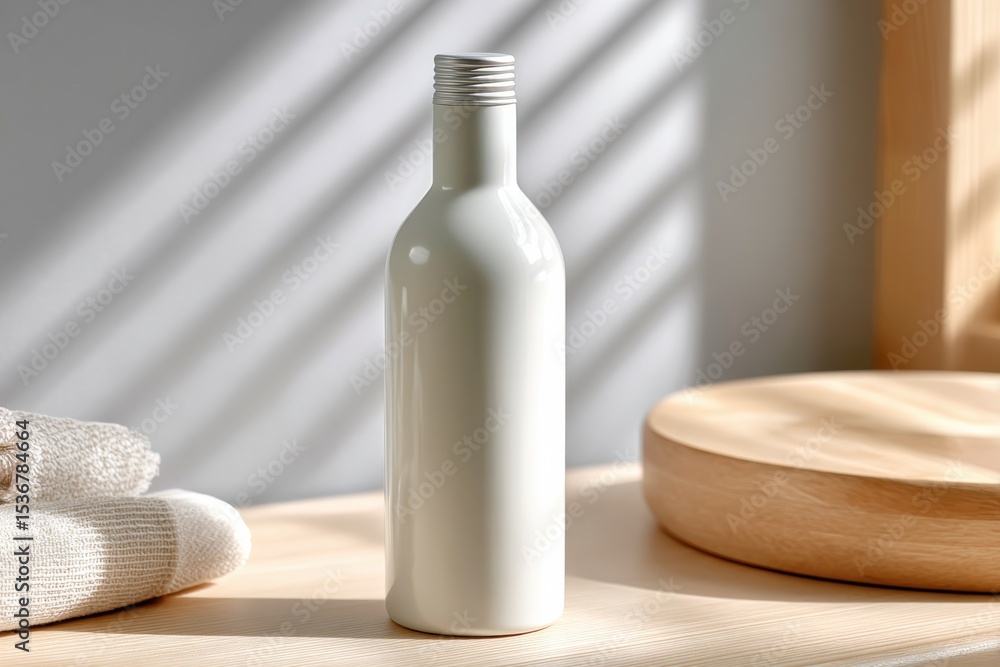 Poster white bottle on table with towel, showcasing minimalist design and sustainable lifestyle choices for