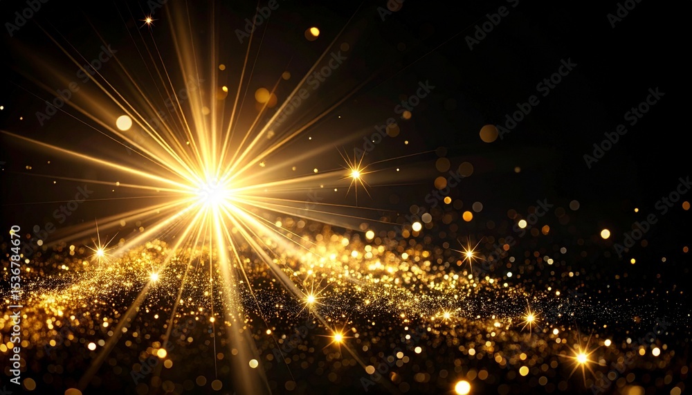 Poster Abstract star burst with rays and bokeh effects on a black background creating vibrant visuals