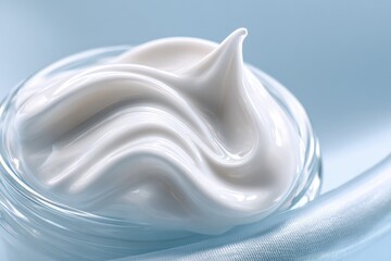 Close-Up of White Cream in Glass Jar on Blue Fabric, Representing Beauty and Skincare Product Innovation for Online Advertising : Generative AI