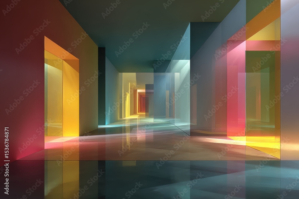 Poster abstract hallway with colorful light beams, evoking architectural innovation and creative exploratio