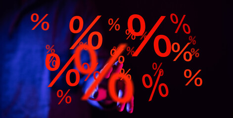 Abstract image of a hand and red percentage symbols, perfect for finance, sales, and discount...