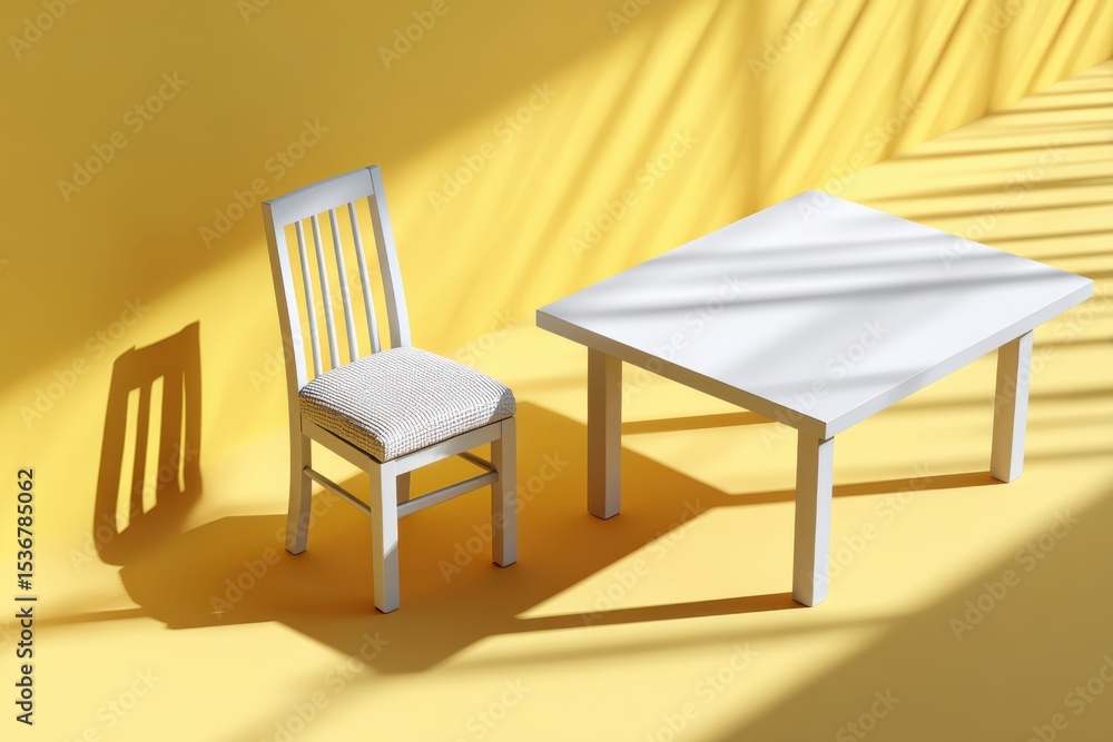 Aufkleber minimalist white chair and table on yellow background with shadow, representing simplicity and inter