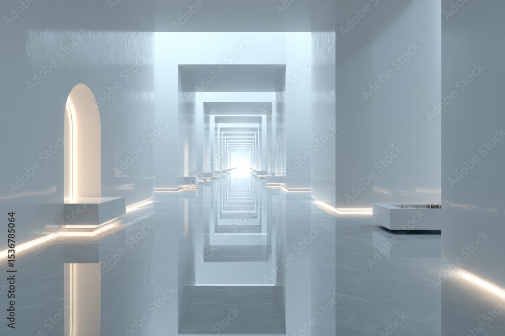 Poster futuristic white corridor with arches and light, representing innovation and architectural vision fo