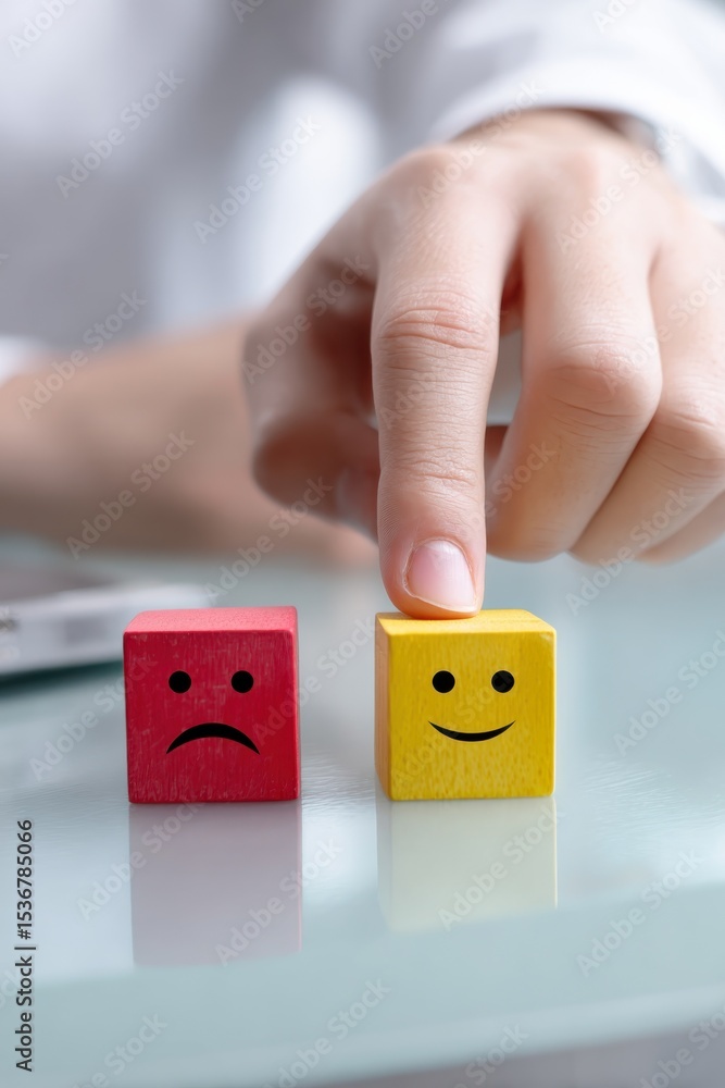 Aufkleber hand selecting a happy face block over a sad face block, illustrating customer satisfaction and posi