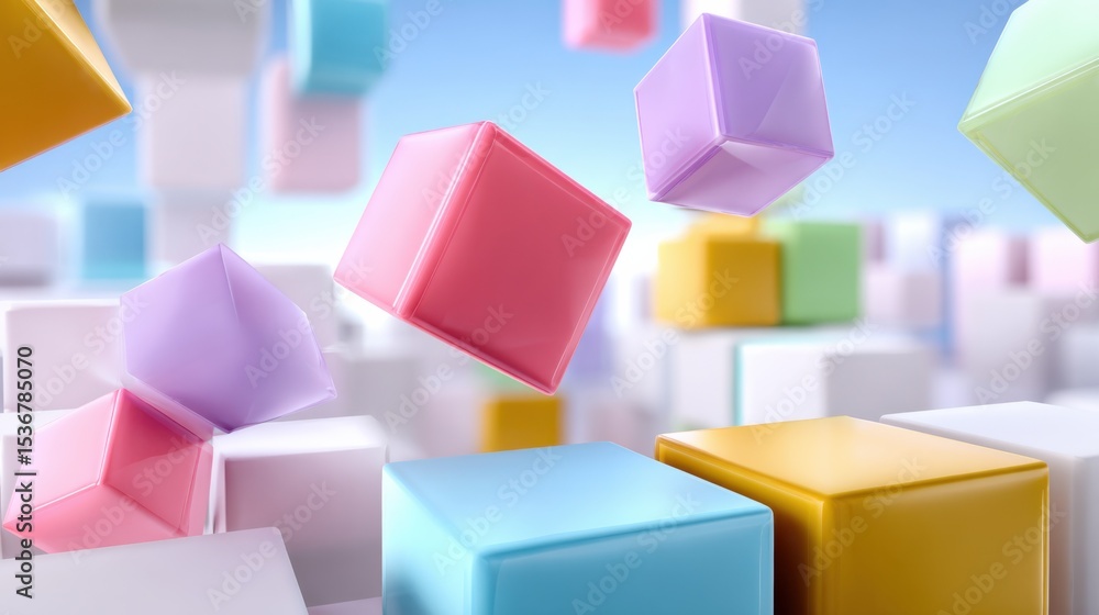 Poster Colorful Cubes Floating in Air, Symbolizing Innovation and Creative Problem Solving for Business Solutions and Modern Technology, With a Playful and Optimistic Mood : Generative AI