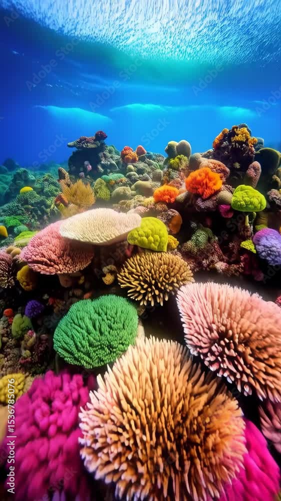 Aufkleber vibrant underwater scene showcasing an array of colorful coral formations and ocean surface ripples,