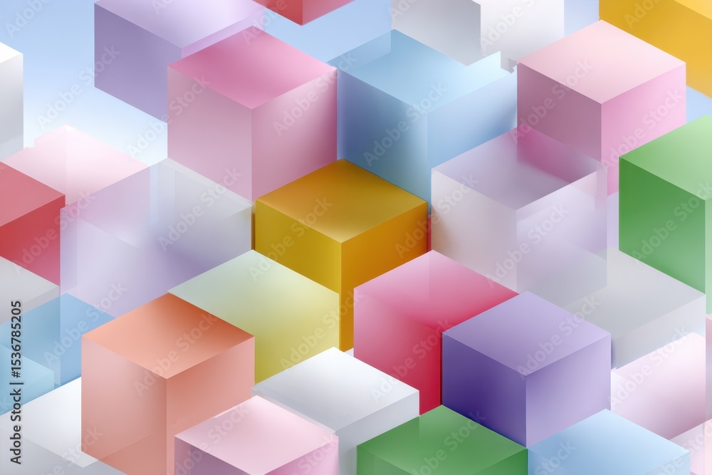 Poster pastel colored cubes arranged in abstract pattern, representing modern technology and creative solut