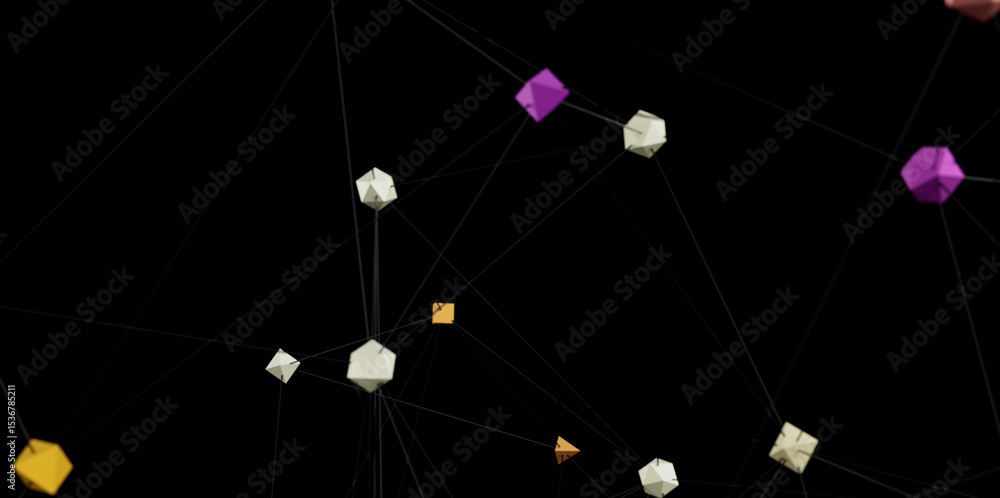 Poster colorful 3d geometric shapes connected by lines, representing network, technology, or connection.