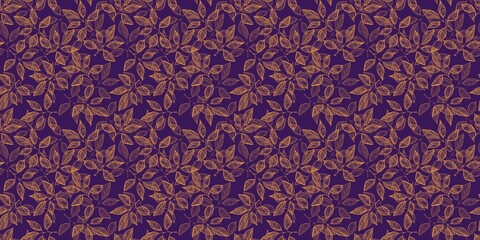 Elegant seamless pattern with hand-drawn leaves in orange  tones on a purple background. Ideal  for Halloween, eco branding, packaging, or natural themed décor with a minimalist i botanical feel 
