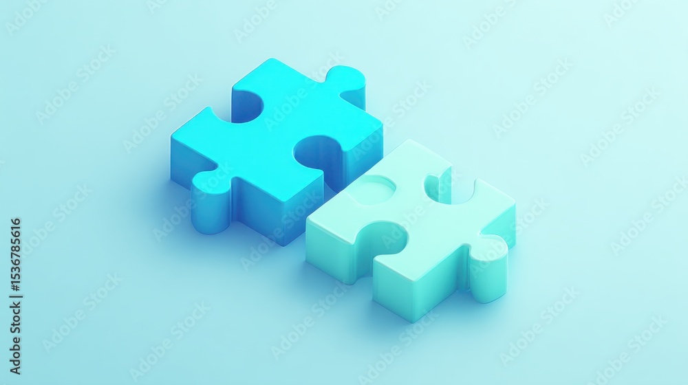 Poster Two Puzzle Pieces About to Connect on Blue Background, Symbolizing Business Partnership and Strategic Alignment for Growth and Problem Solving : Generative AI