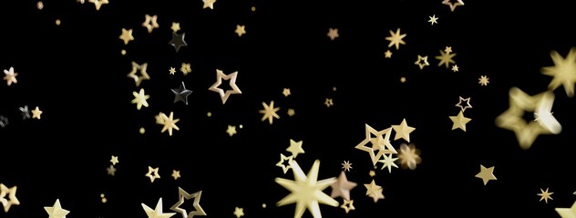 Beautiful image of gold stars falling on a black background. Perfect for holiday, celebration, and magic themes.