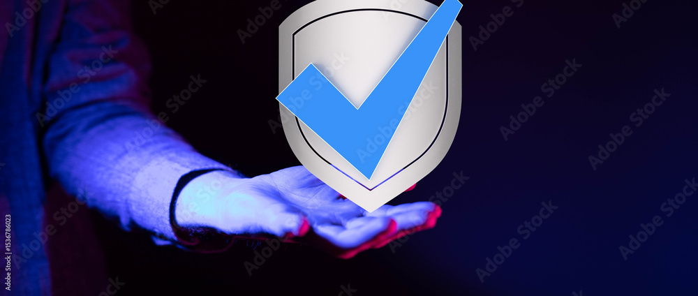 Poster Image depicts data security and protection.  A hand holds a shield with a checkmark.