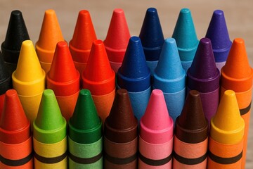 Colorful crayons neatly arranged.