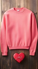 Pink Sweatshirt and Heart Gift Box on Wood Valentines Day Fashion Apparel