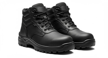 Pair of black work boots isolated on white background for industrial safety and protection