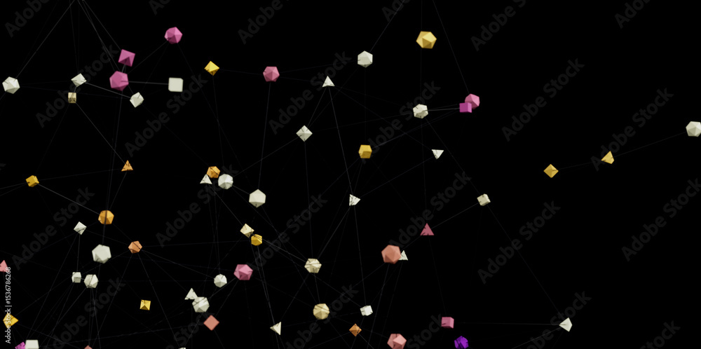 Poster colorful 3d shapes connected by lines, representing network, technology, or connection.