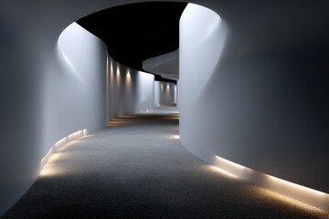 This image showcases a smoothly flowing, curved hallway lit by soft, inviting lights, creating a contemporary, tranquil atmosphere with a focus on elegant design.
