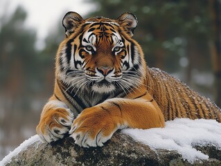 Naklejka premium Siberian Tiger Lying on Snow-Covered Rock in Natural Habitat