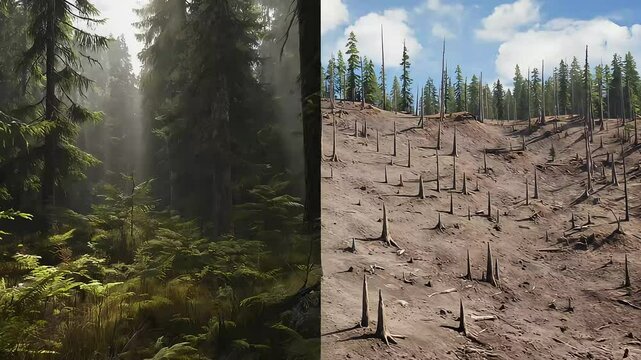 Lush forest contrasted with deforested land