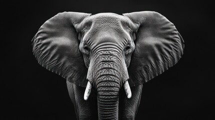Striking greyscale close-up of an elephant face with large ears against a dark background