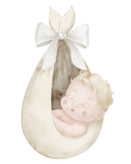 Watercolor illustration of sleeping Baby wrapped in beige swaddling cloth with a bow. Drawing of newborn infant for newborn party stationery or Baby shower greeting cards. Art of child for kids invite