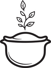 Culinary Essence: An elegant monochrome depiction of a cooking pot, emanating a sense of freshness and culinary anticipation, complete with stylized leaves.