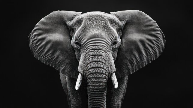 Striking greyscale close-up of an elephant face with large ears against a dark background