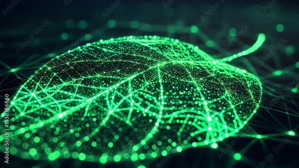 Poster nature conservation concept. a glowing digital leaf with neural network patterns, blending nature an