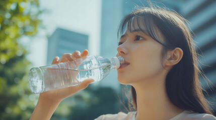 ペットボトルを持ちながら飲む若い女性