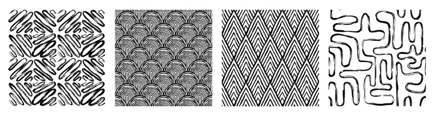 Set Aesthetic Contemporary printable seamless pattern with abstract line, dot, shape brush stroke in black and white colors. Boho background in minimalist style vector Illustration for wallpaper