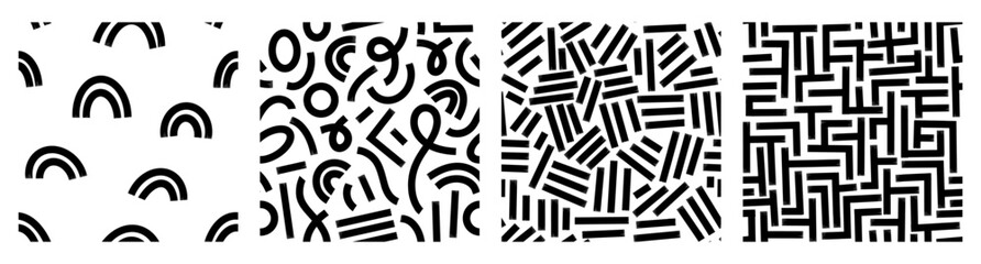 Set Aesthetic Contemporary printable seamless pattern with abstract line, dot, shape brush stroke in black and white colors. Boho background in minimalist style vector Illustration for wallpaper