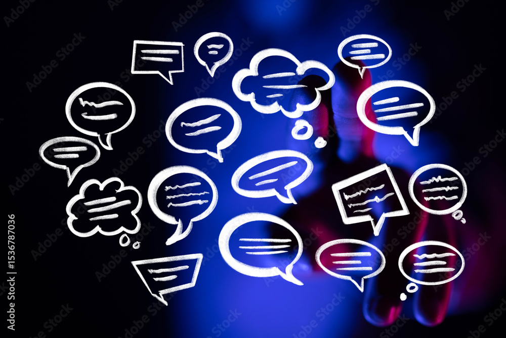 Poster Conceptual image showing diverse thoughts and communication channels. Ideal for teamwork, collaboration, and social media.