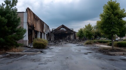 Empty quiet street in the early morning after a massive night explosion, ashes covering the ground, with trees on both sides and a calm but haunting post-disaster atmosphere