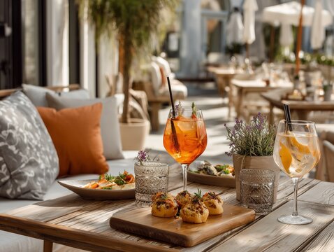 Elegant outdoor restaurant table with cocktails and appetizers in summer light, generated with AI
