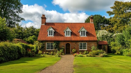 A charming brick cottage with a red tiled roof surrounded by lush green grass and trees.