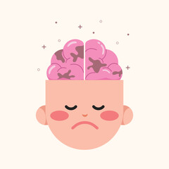 illustration of unhappy human head with unhealthy brain. Concept of mental health. 