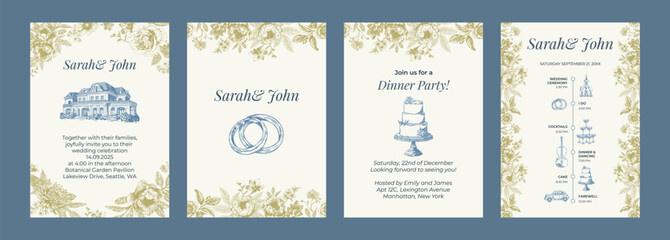 Toile de Jouy inspired wedding wedding invitation. Wedding hand dawn ceremony card. Elegant line art minimalist venue sketch. Elements for wedding, monogram, invitation, greeting, birthday card.