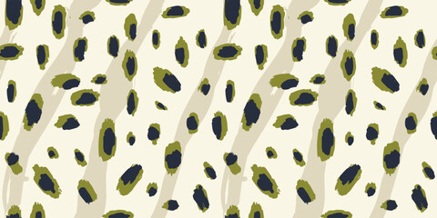 Hand Drawn animal skin and fur print seamless pattern with nature whimsical shapes, spots, dots and lines with textures. Vibrant jungle boho print. Modern exotic collage geometric vector illustration