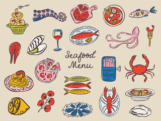 Whimsical hand drawn sea food illustrations in trendy whimsical style. Perfect doodle for quirky italian wedding holiday, poster, dinner and bar menu, bachelorette party, birthday invitation, sign