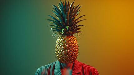 Creative artist with pineapple as head under vibrant lighting