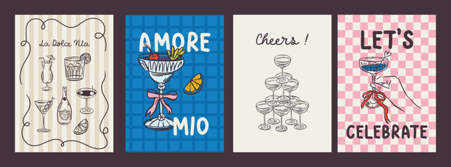 Whimsical hand drawn cocktails poster and menu template in trendy whimsical style. Perfect doodle for quirky italian dinner  restaurant and cafe, kitchen wall art, poster,  party, birthday, sign