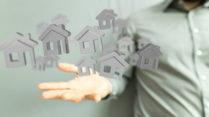 Image of a real estate agent showcasing multiple virtual houses, symbolizing property management...