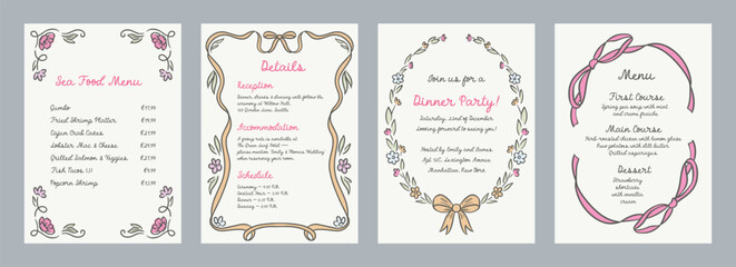 Set of spring whimsical hand-drawn pink blue orange green color frames with flowers and bows in trendy, vintage styles. Perfect for quirky holiday, wedding, birthday gift decorations