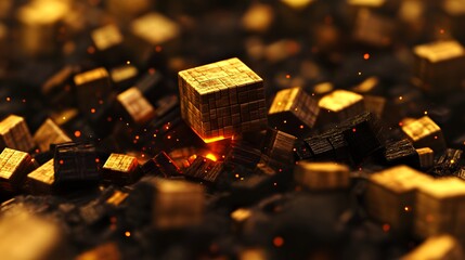 Glowing Wooden Cube Amidst Embers, Abstract 3D Art